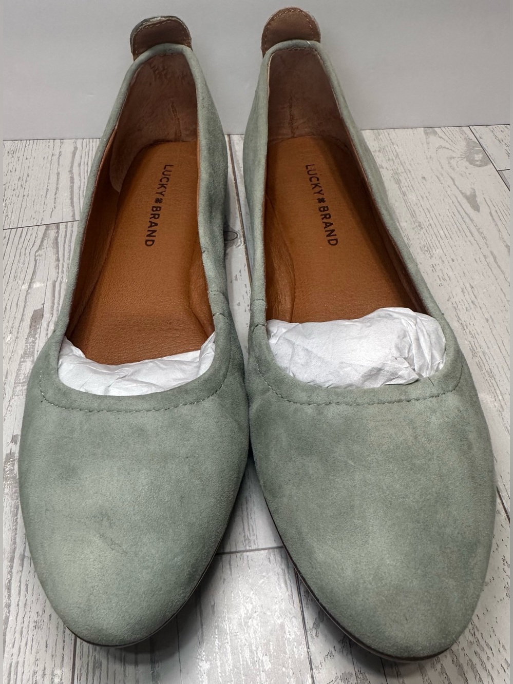 NWOT- Lucky Brand ‘Emmie’ Mint Green Suede Slip-On Ballet Flats, Sz 6M